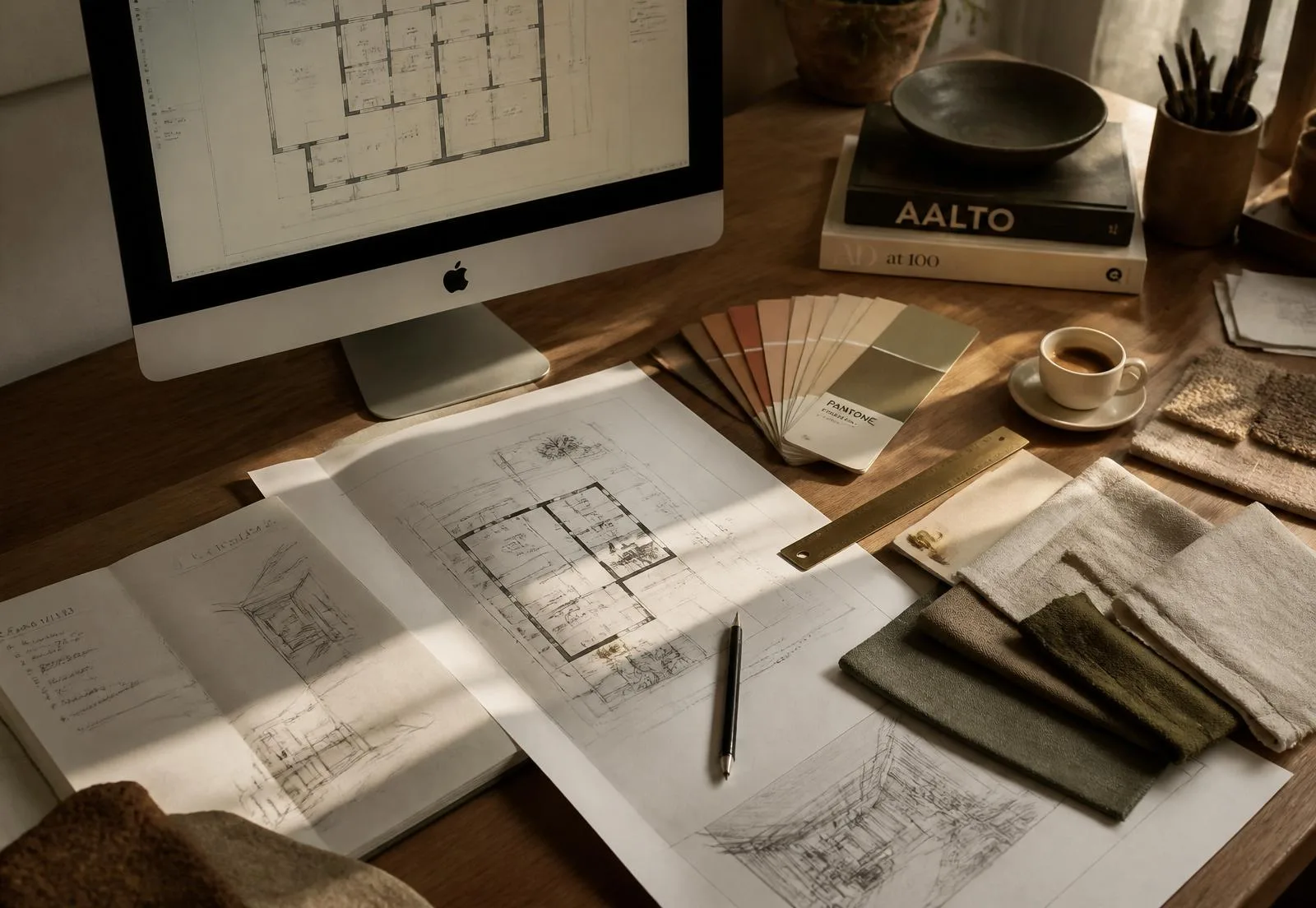 Mesa de trabajo del estudio MM Landaluce: planos, cartas de color y muestras de tejido