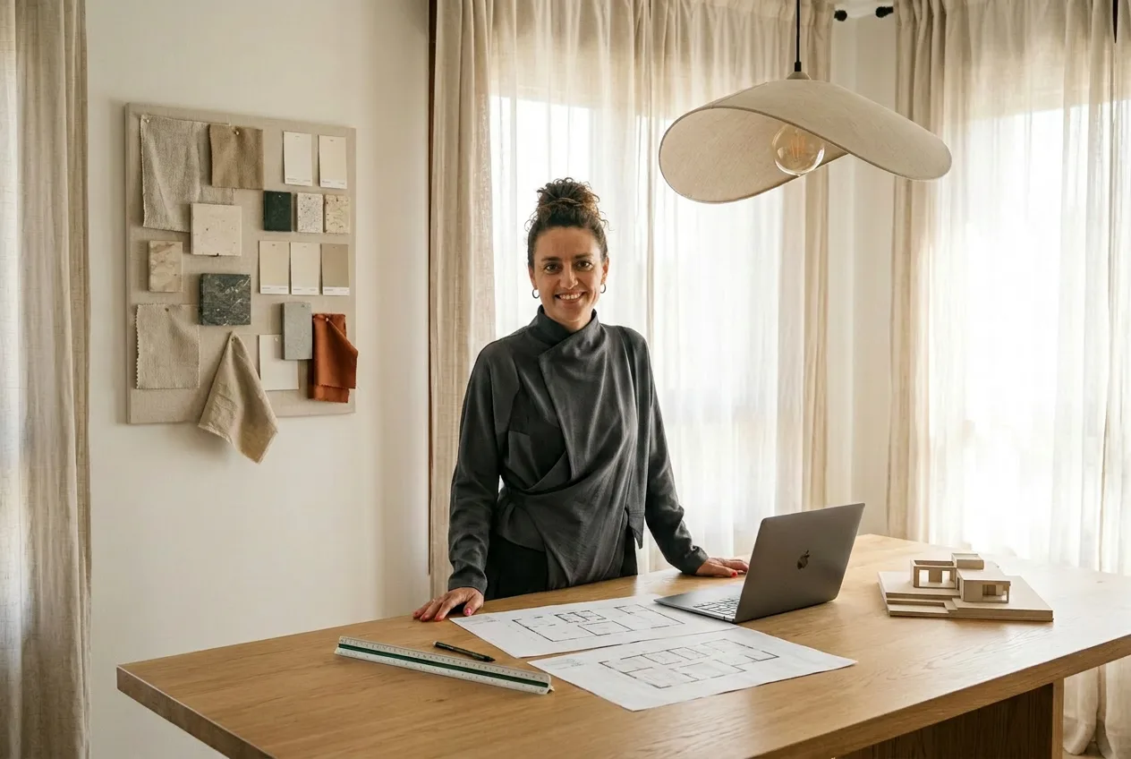 María Landaluce trabajando sobre planos en el estudio de Torrelavega