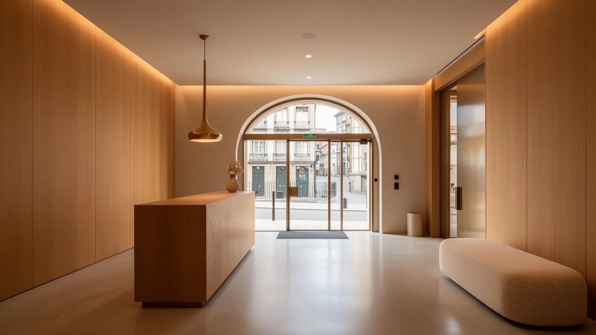 Vestíbulo boutique con recepción de madera